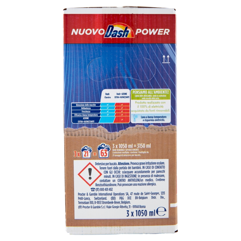 Dash Detersivo Lavatrice Liquido per Bucato Power Azione Extra Igienizzante 3x21=63 Lavaggi 3x1050ml